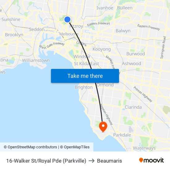 16-Walker St/Royal Pde (Parkville) to Beaumaris map