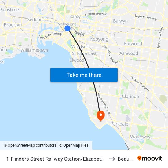 1-Flinders Street Railway Station/Elizabeth St (Melbourne City) to Beaumaris map