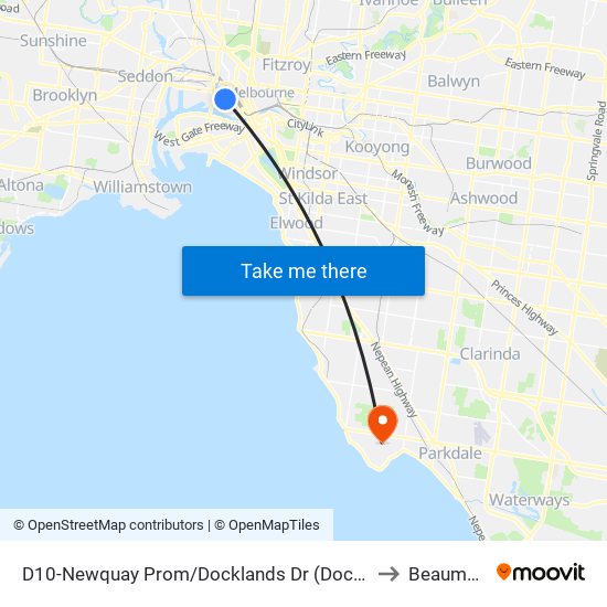 D10-Newquay Prom/Docklands Dr (Docklands) to Beaumaris map