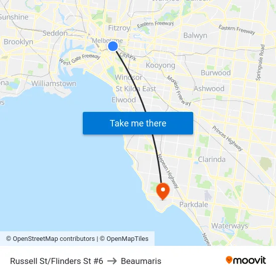 Russell St/Flinders St #6 to Beaumaris map
