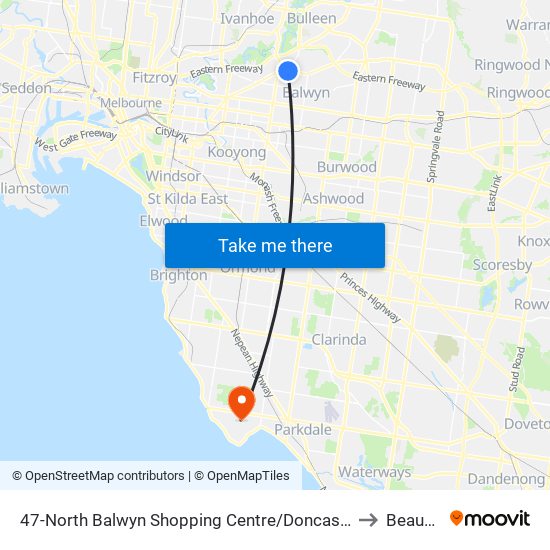 47-North Balwyn Shopping Centre/Doncaster Rd (Balwyn North) to Beaumaris map