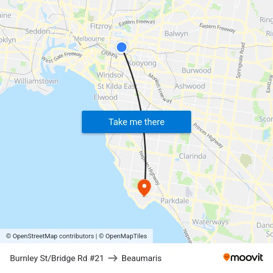 Burnley St/Bridge Rd #21 to Beaumaris map