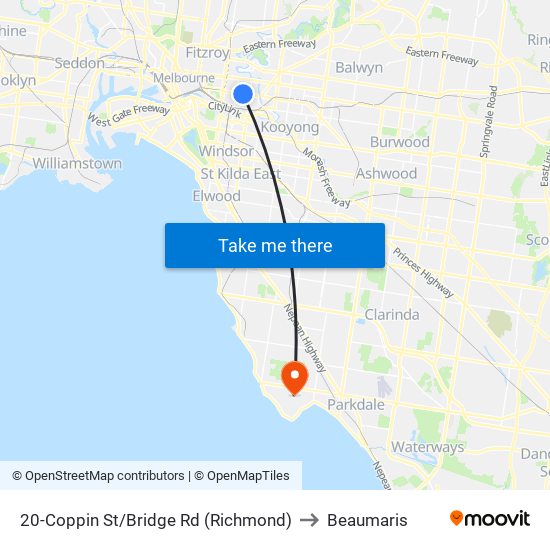 20-Coppin St/Bridge Rd (Richmond) to Beaumaris map