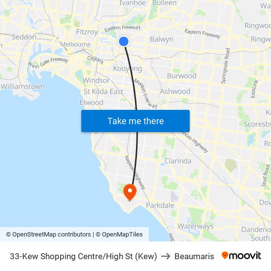 33-Kew Shopping Centre/High St (Kew) to Beaumaris map