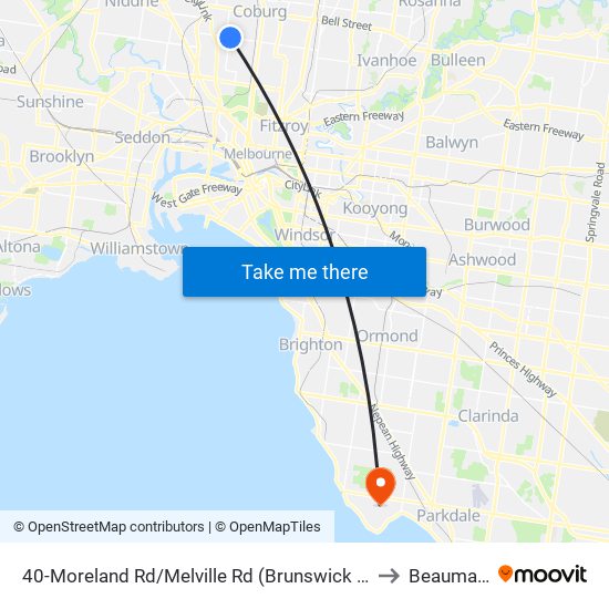 40-Moreland Rd/Melville Rd (Brunswick West) to Beaumaris map