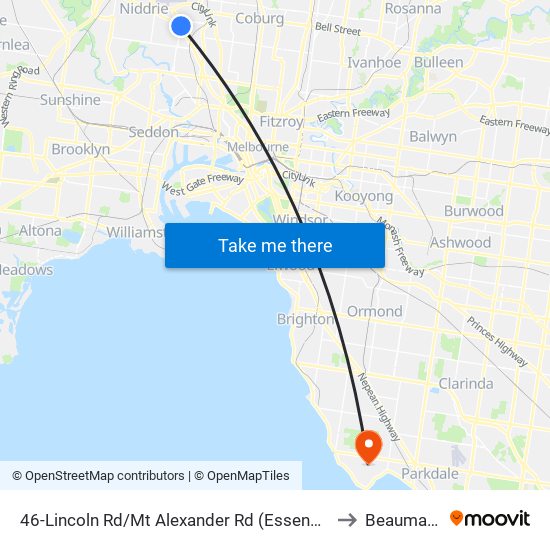 46-Lincoln Rd/Mt Alexander Rd (Essendon) to Beaumaris map