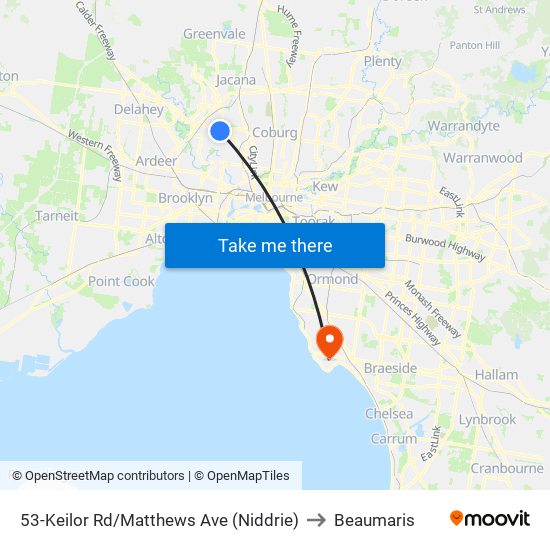 53-Keilor Rd/Matthews Ave (Niddrie) to Beaumaris map