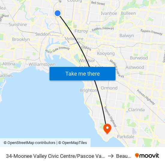 34-Moonee Valley Civic Centre/Pascoe Vale Rd (Moonee Ponds) to Beaumaris map