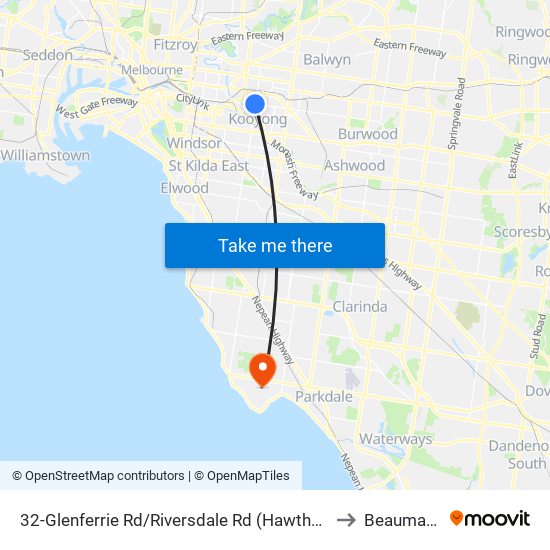 32-Glenferrie Rd/Riversdale Rd (Hawthorn) to Beaumaris map