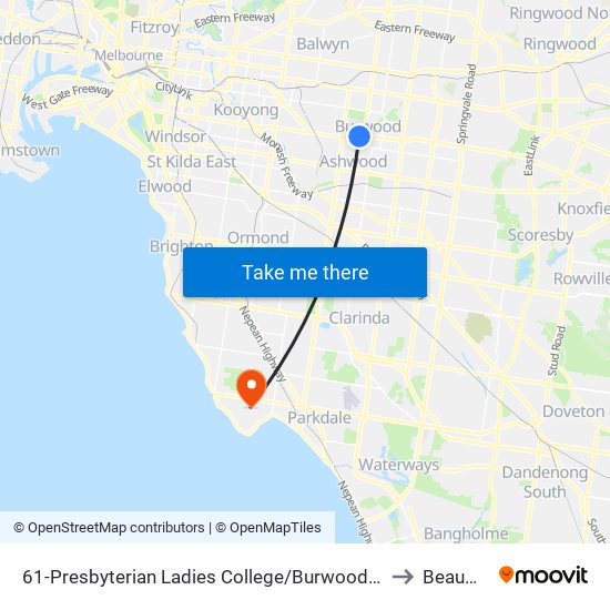 61-Presbyterian Ladies College/Burwood Hwy (Burwood) to Beaumaris map