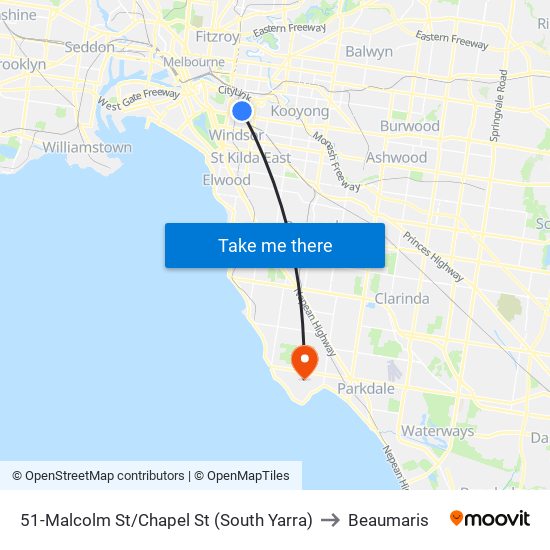 51-Malcolm St/Chapel St (South Yarra) to Beaumaris map