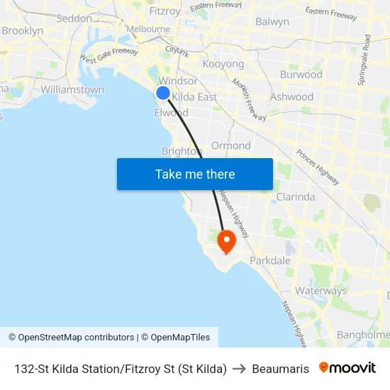 St Kilda Station/Fitzroy St #132 to Beaumaris map