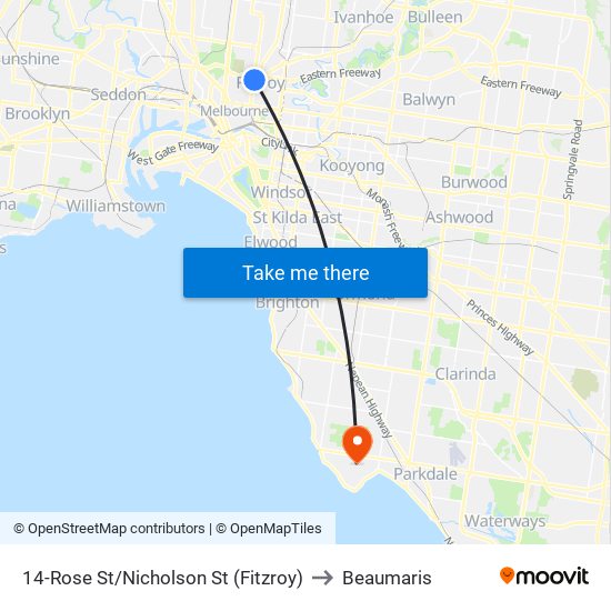 14-Rose St/Nicholson St (Fitzroy) to Beaumaris map