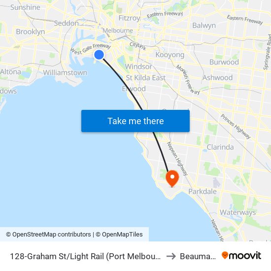 128-Graham St/Light Rail (Port Melbourne) to Beaumaris map