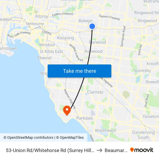 53-Union Rd/Whitehorse Rd (Surrey Hills) to Beaumaris map