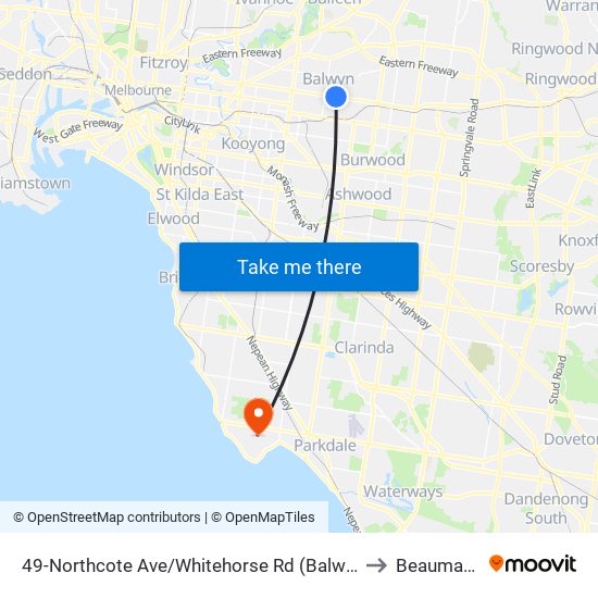 49-Northcote Ave/Whitehorse Rd (Balwyn) to Beaumaris map