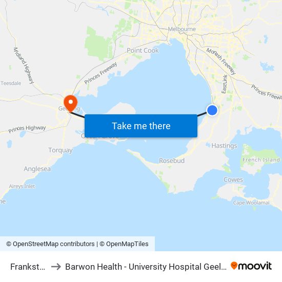 Frankston to Barwon Health - University Hospital Geelong map