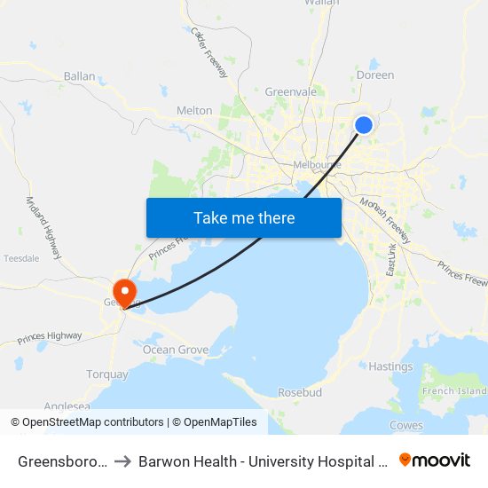 Greensborough to Barwon Health - University Hospital Geelong map