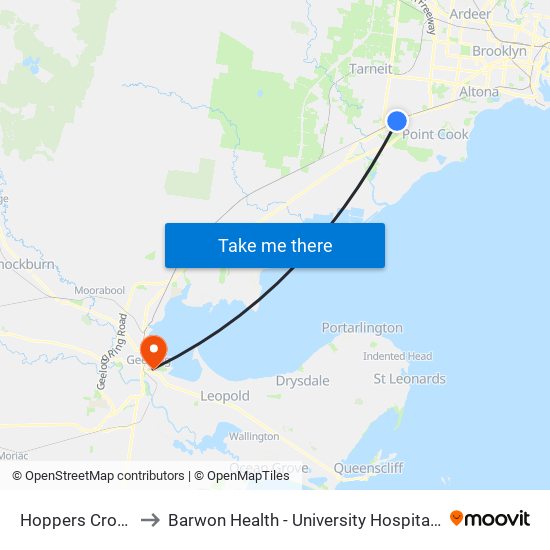 Hoppers Crossing to Barwon Health - University Hospital Geelong map