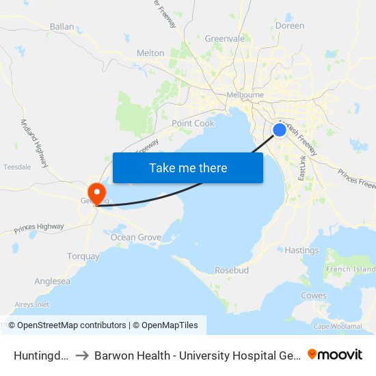 Huntingdale to Barwon Health - University Hospital Geelong map