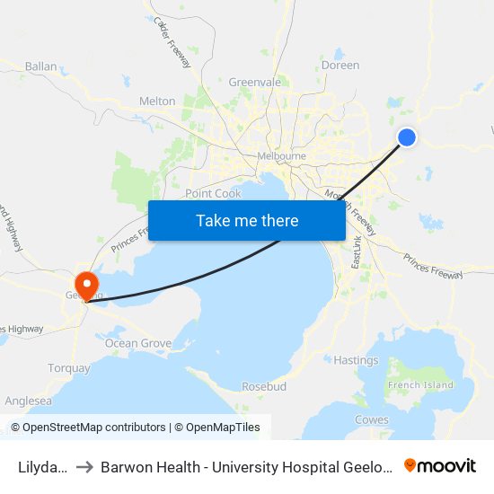 Lilydale to Barwon Health - University Hospital Geelong map