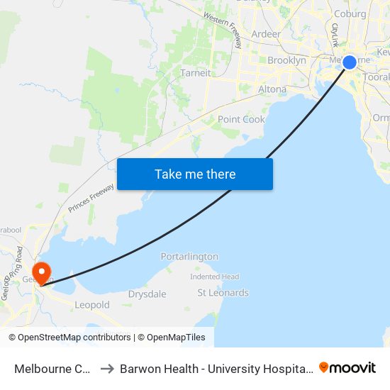 Melbourne Central to Barwon Health - University Hospital Geelong map