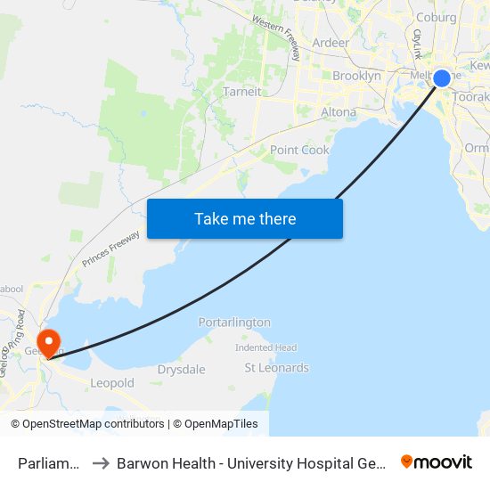Parliament to Barwon Health - University Hospital Geelong map