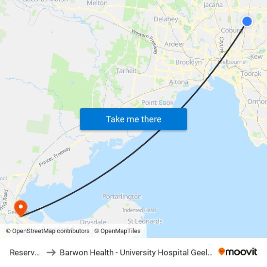 Reservoir to Barwon Health - University Hospital Geelong map