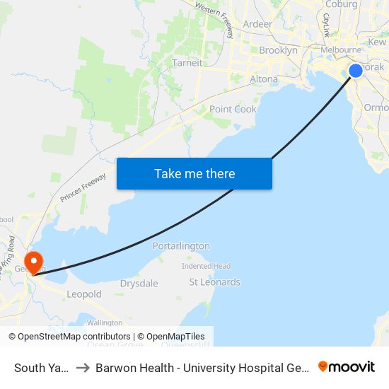 South Yarra to Barwon Health - University Hospital Geelong map