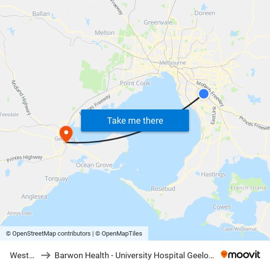 Westall to Barwon Health - University Hospital Geelong map