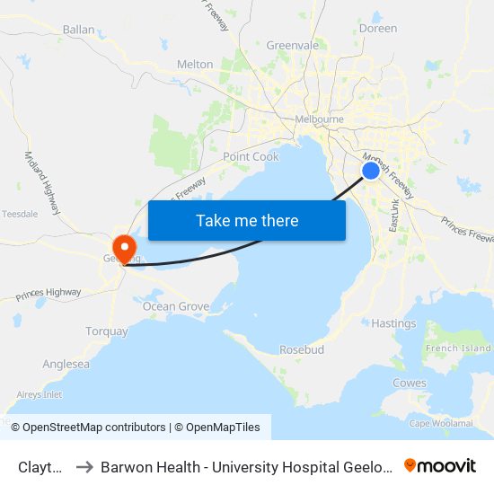 Clayton to Barwon Health - University Hospital Geelong with public ...