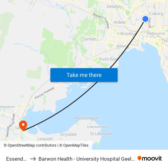 Essendon to Barwon Health - University Hospital Geelong map