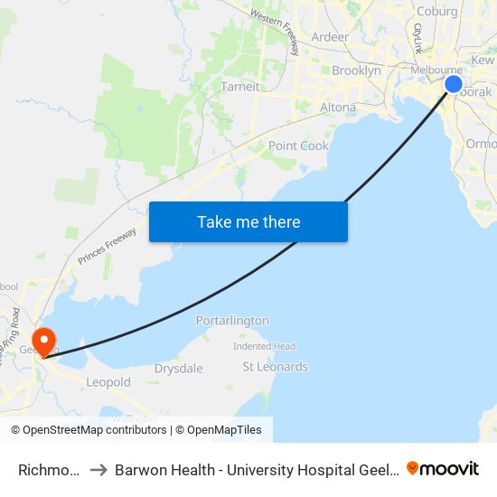 Richmond to Barwon Health - University Hospital Geelong map