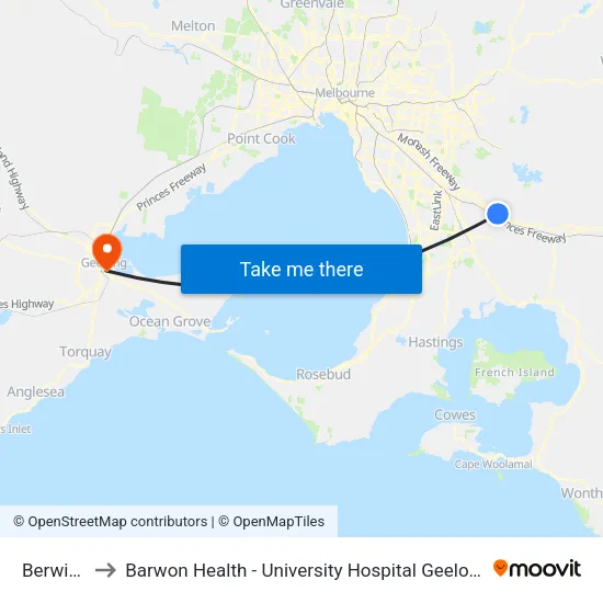 Berwick to Barwon Health - University Hospital Geelong map