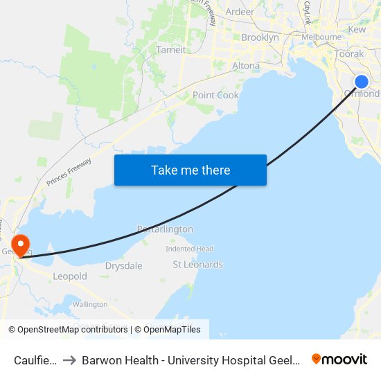 Caulfield to Barwon Health - University Hospital Geelong map