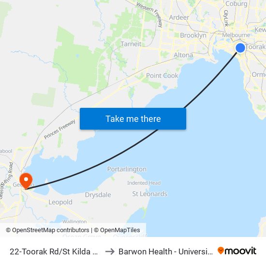 22-Toorak Rd/St Kilda Rd (Melbourne City) to Barwon Health - University Hospital Geelong map