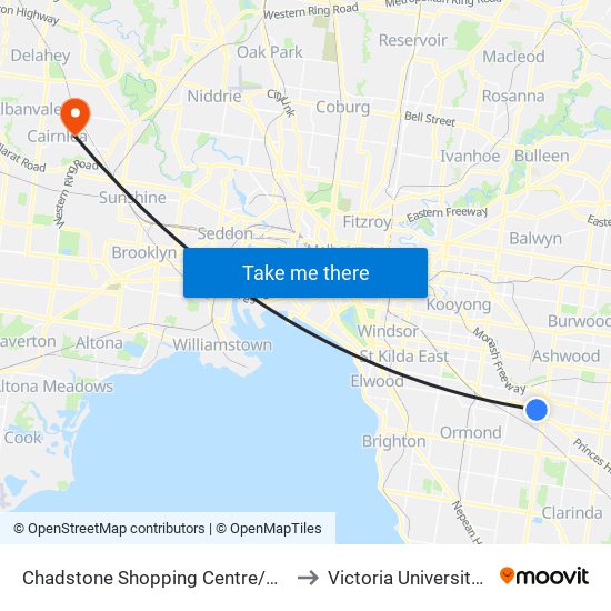 Chadstone Shopping Centre/Eastern Access Rd (Malvern East) to Victoria University (St Albans Campus) map