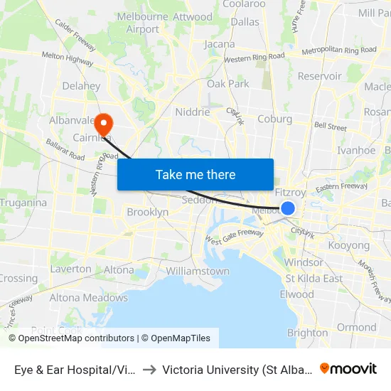 Eye & Ear Hospital/Victoria Pde to Victoria University (St Albans Campus) map