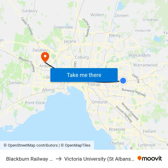 Blackburn Railway Station to Victoria University (St Albans Campus) map