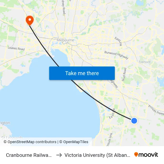 Cranbourne Railway Station to Victoria University (St Albans Campus) map