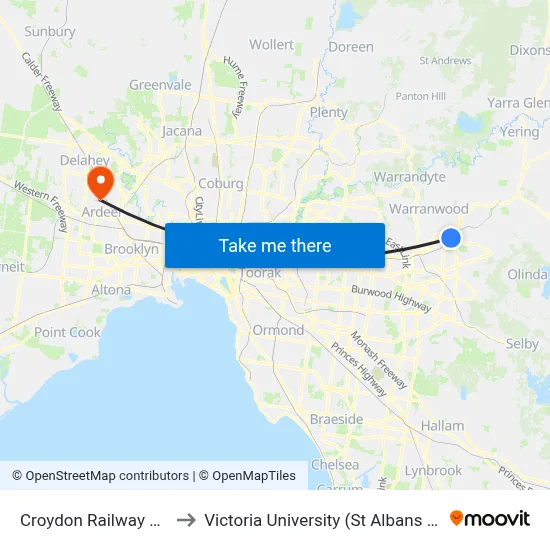 Croydon Railway Station to Victoria University (St Albans Campus) map