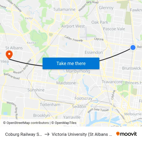 Coburg Railway Station to Victoria University (St Albans Campus) map
