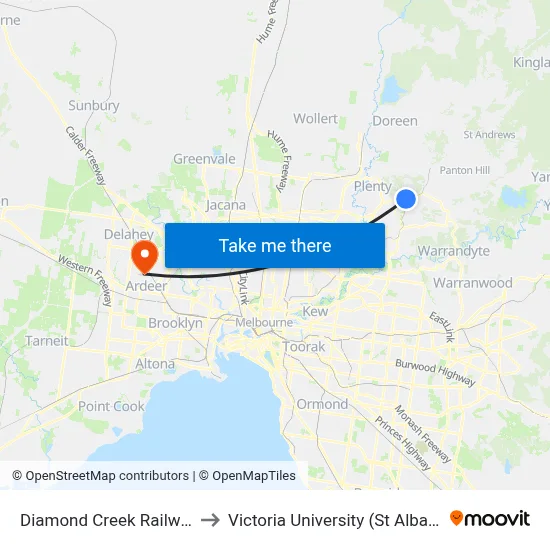 Diamond Creek Railway Station to Victoria University (St Albans Campus) map