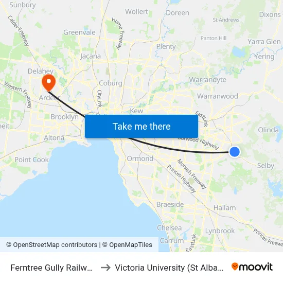 Ferntree Gully Railway Station to Victoria University (St Albans Campus) map