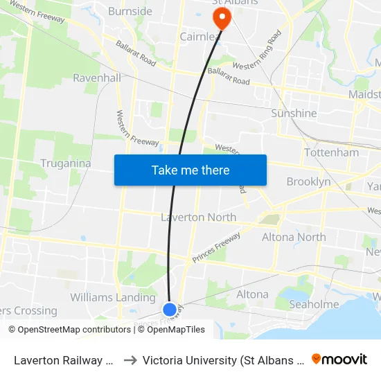 Laverton Railway Station to Victoria University (St Albans Campus) map