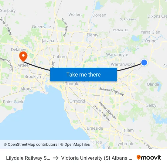 Lilydale Railway Station to Victoria University (St Albans Campus) map