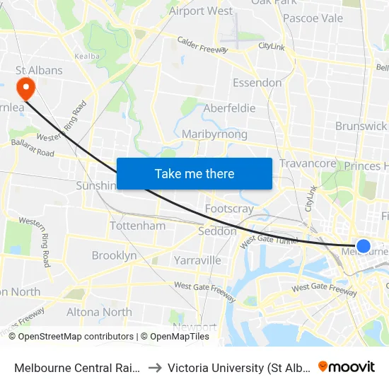 Melbourne Central Railway Station to Victoria University (St Albans Campus) map