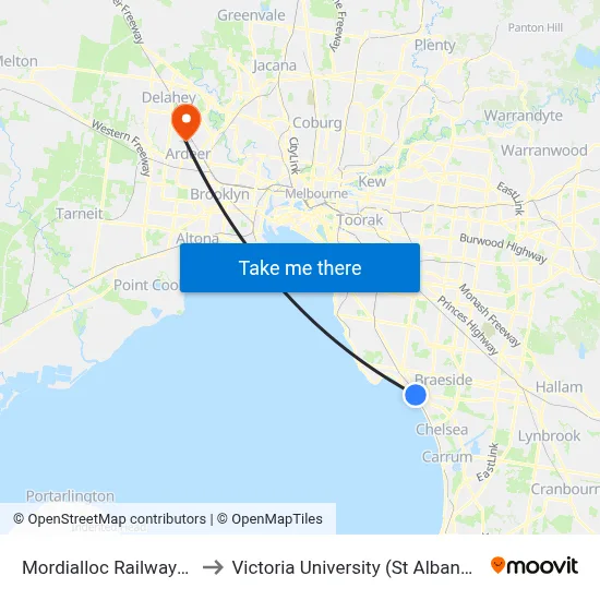 Mordialloc Railway Station to Victoria University (St Albans Campus) map