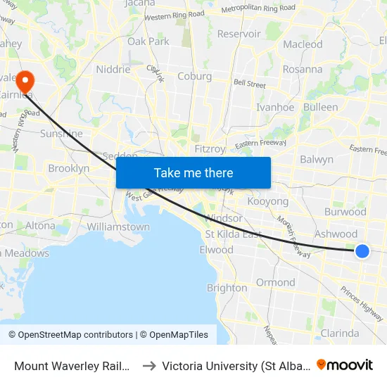 Mount Waverley Railway Station to Victoria University (St Albans Campus) map