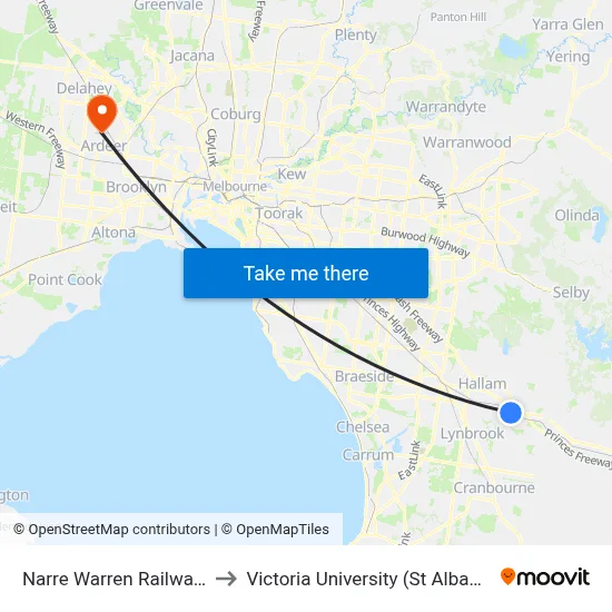 Narre Warren Railway Station to Victoria University (St Albans Campus) map